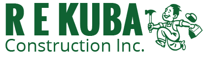 Logo for R E KUBA Construction Inc. featuring dark green text next to a cartoon mascot holding a hammer and toolkit.