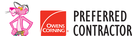The Pink Panther stands next to a red Owens Corning logo and the words Preferred Contractor.