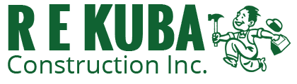 Logo for R E KUBA Construction Inc. featuring dark green text next to a cartoon figure carrying a hammer and toolbox.