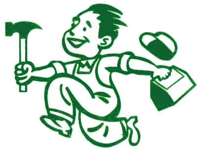 A green line-art graphic of a smiling person running with a hammer in one hand and a tool box in the other.