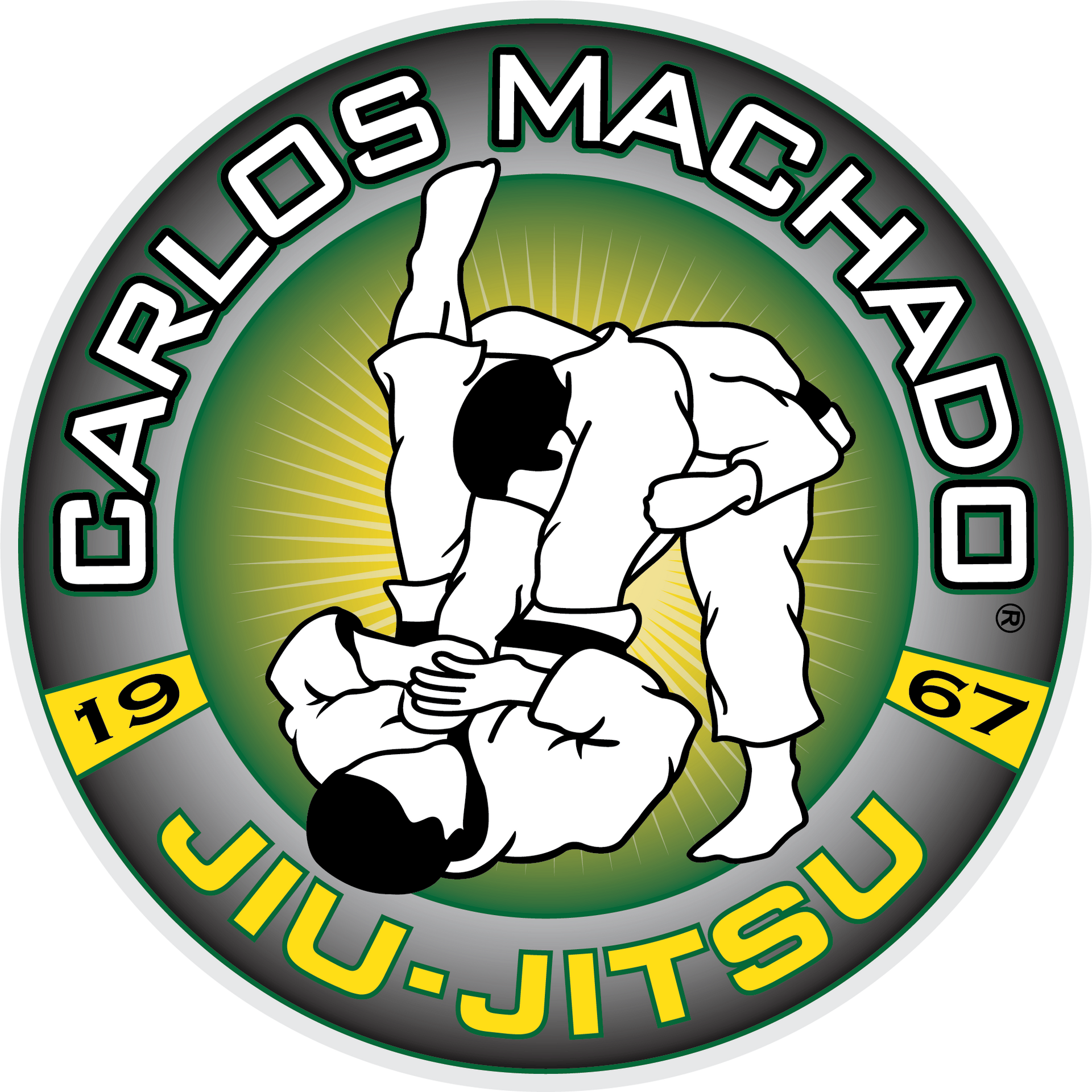 A logo for carlos machado jiu-jitsu shows two men wrestling