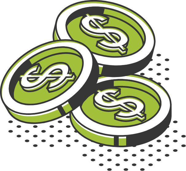 Three green coins with dollar signs on them are stacked on top of each other.