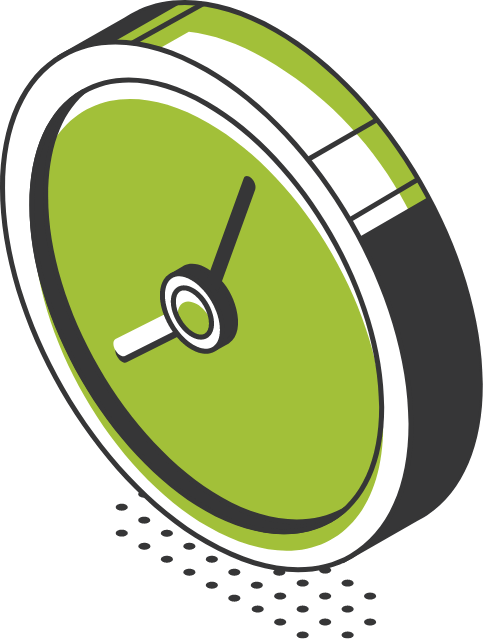 An isometric illustration of a green clock on a white background.