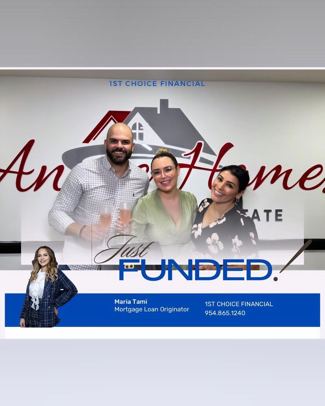 Three people smiling, posing in front of a logo that says 