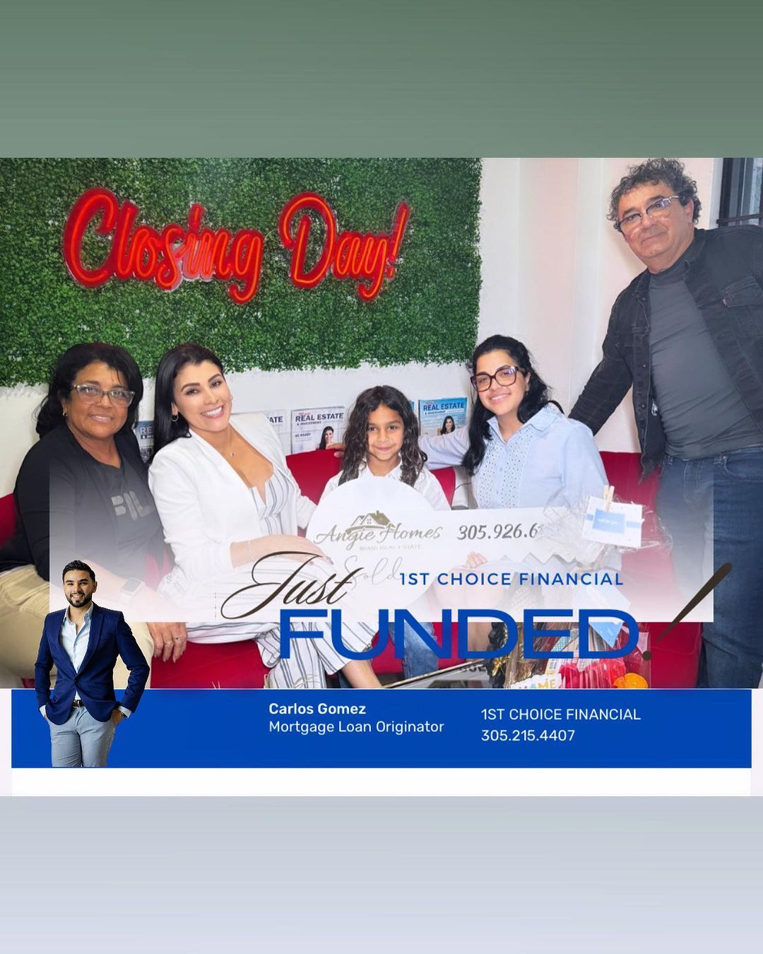 Group celebrates a mortgage closing. People are holding a large check that says 