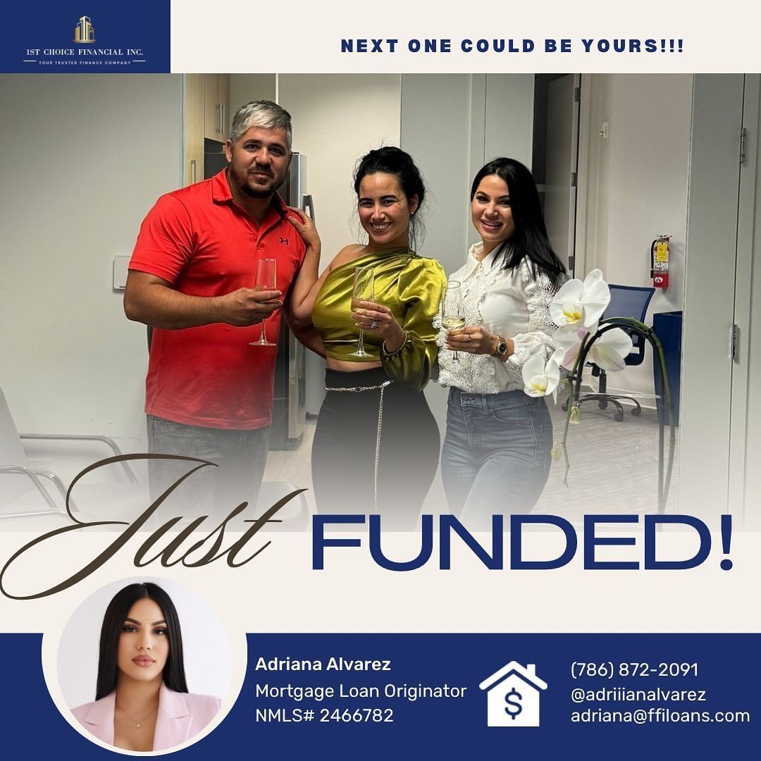 Three people celebrating a funded mortgage. A man and two women smiling, text overlay: 