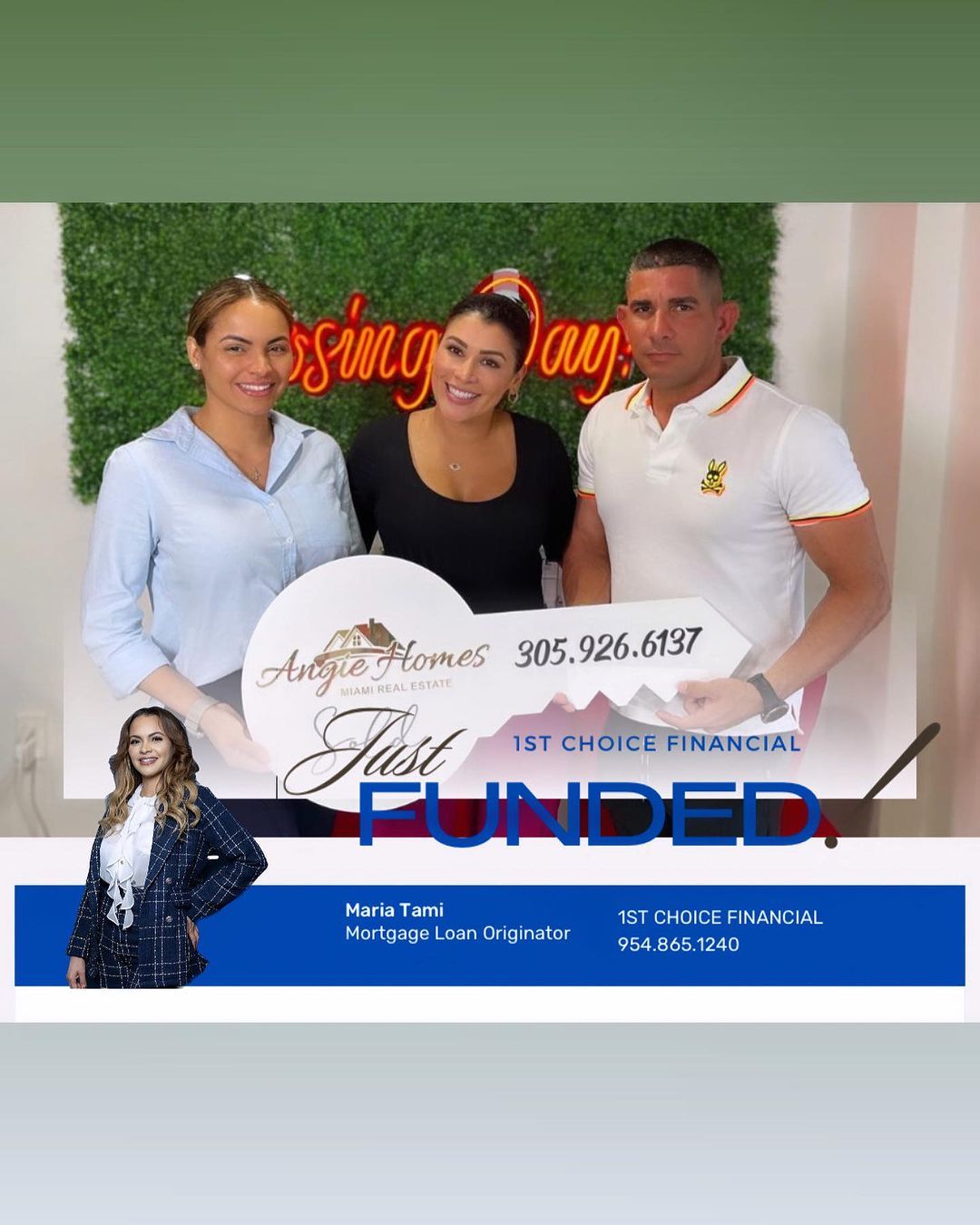 Three people and a key celebrating a funded mortgage. Logo reads 