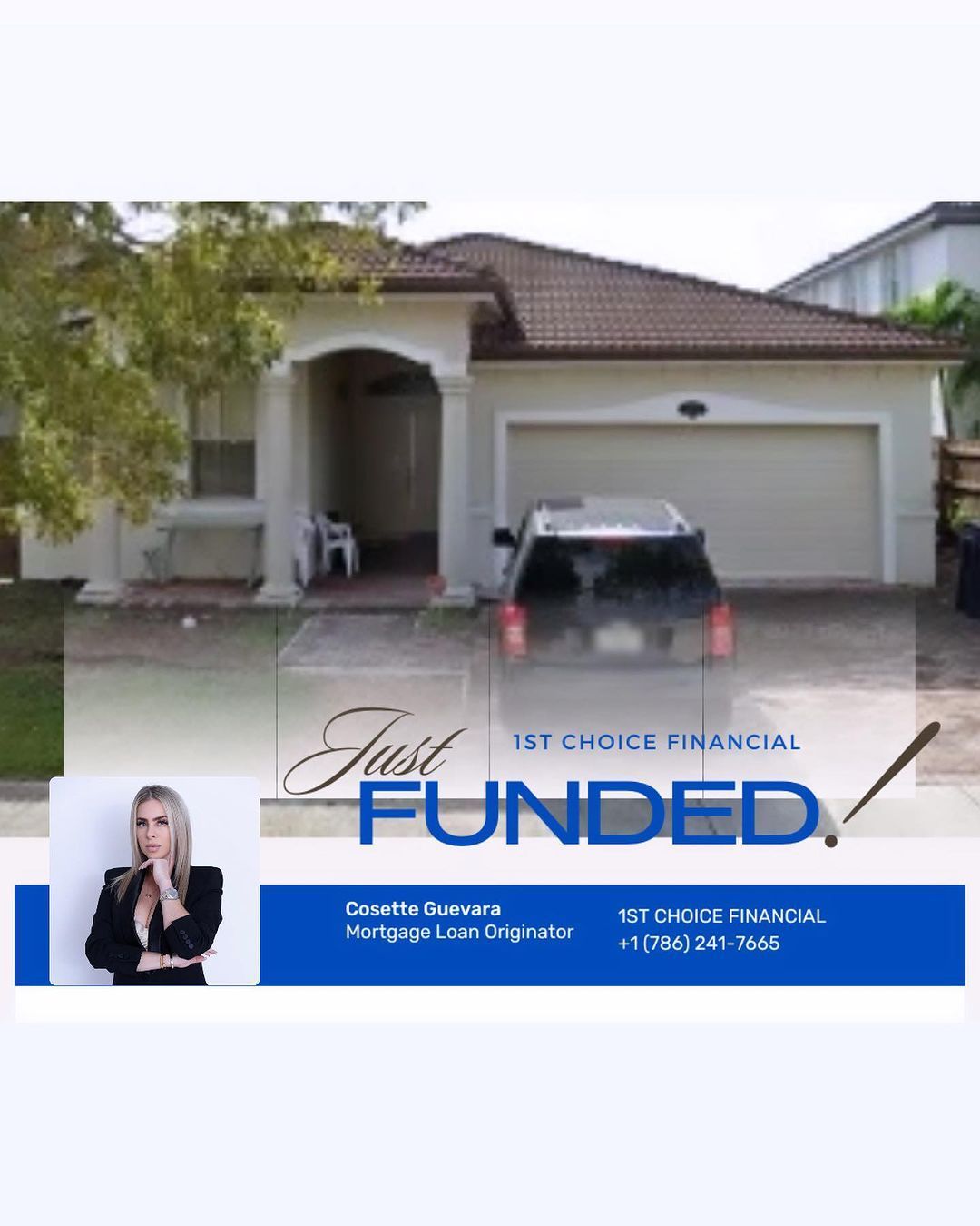 House with SUV in driveway. 