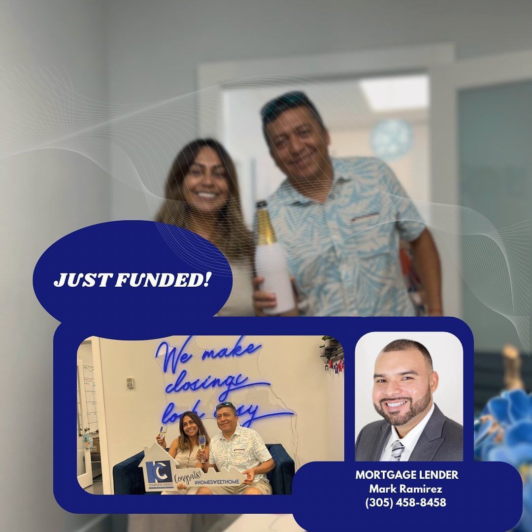 A happy couple celebrates their funded loan with champagne; lender Mark Ramirez smiles nearby.