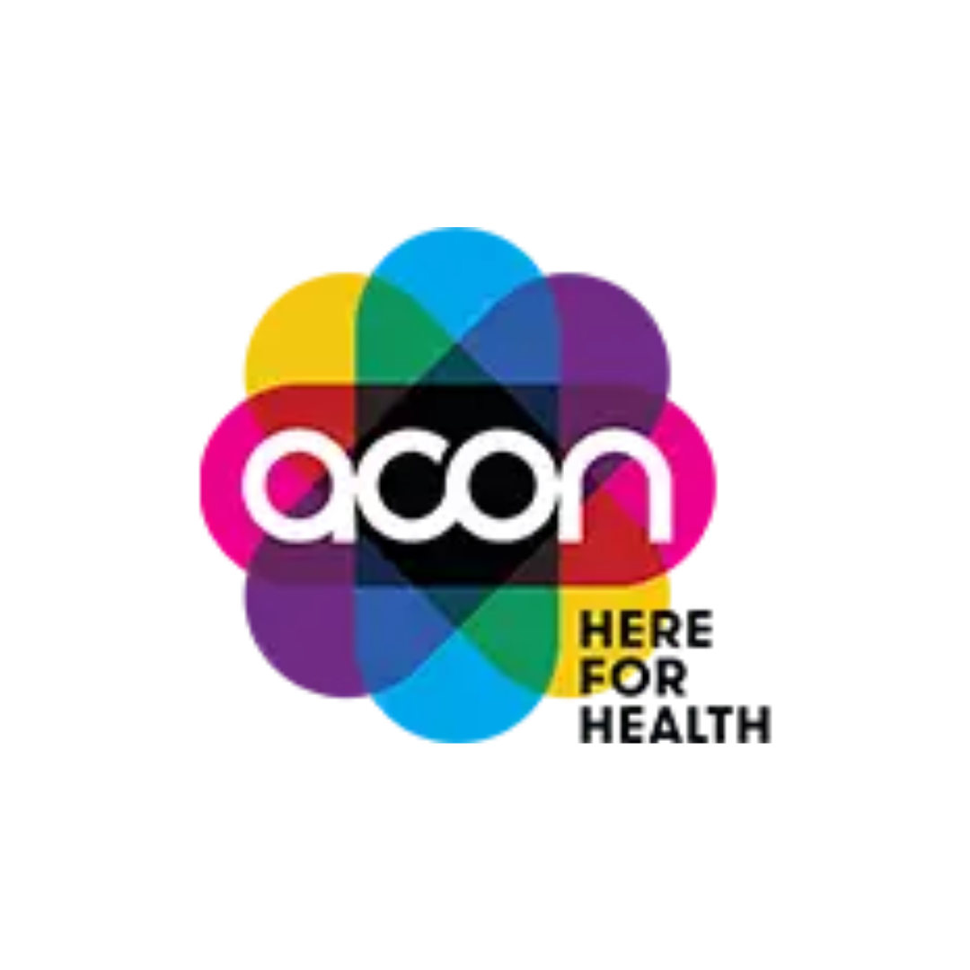 A colorful logo for acon here for health