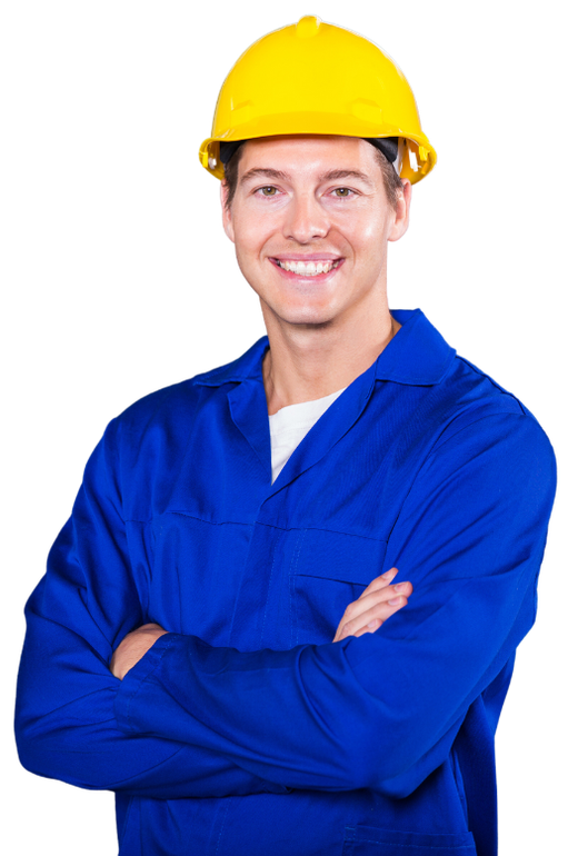a man wearing a hard hat and blue overalls with his arms crossed