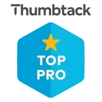 The logo for thumbtack is a blue hexagon with a yellow star on it.