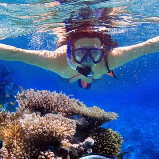 Mujer haciendo snorkel sobre un arrecife de coral, con los brazos extendidos, en aguas azules cristalinas.
