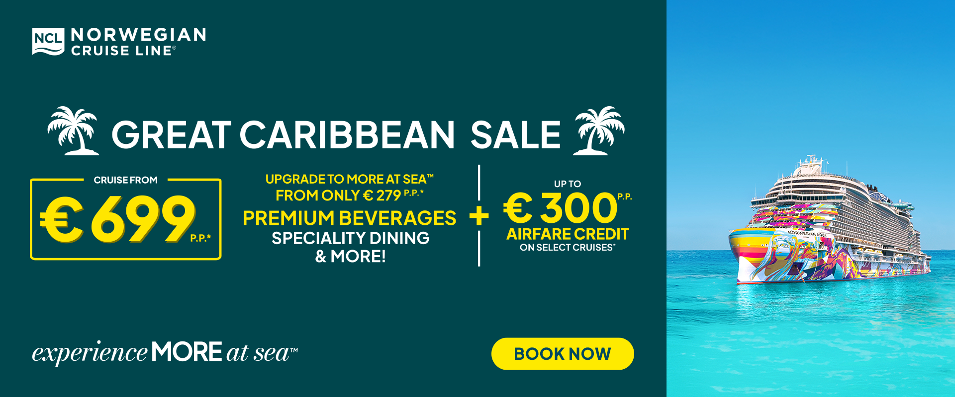 Norwegian Cruise Line Caribbean flash sale: cruises from €139, with a cruise ship on turquoise water.