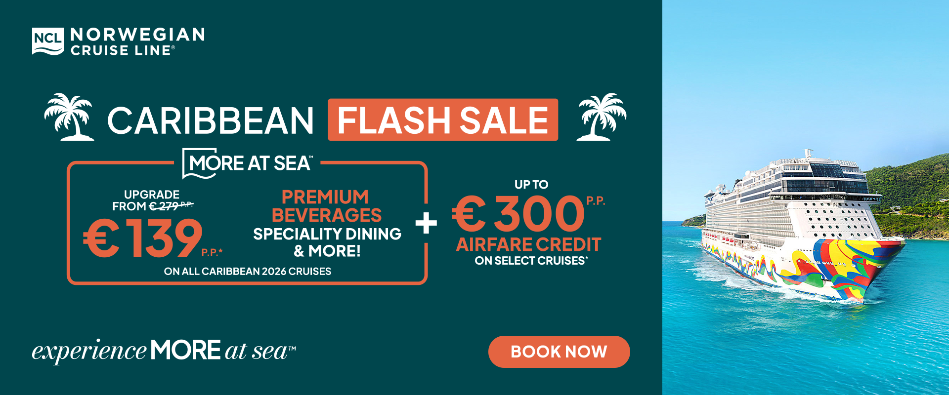 Norwegian Cruise Line Caribbean flash sale: cruises from €139, with a cruise ship on turquoise water.