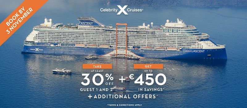 offer at least 30% off for guests 1 & 2 .
Guests can add Drinks & Wifi for €60pppd on European 2026 Sailings.
Plus Air savings of €450per cabin on Europe 2026 sailings.
OBC Assets to be used from 15th September to 22th September.