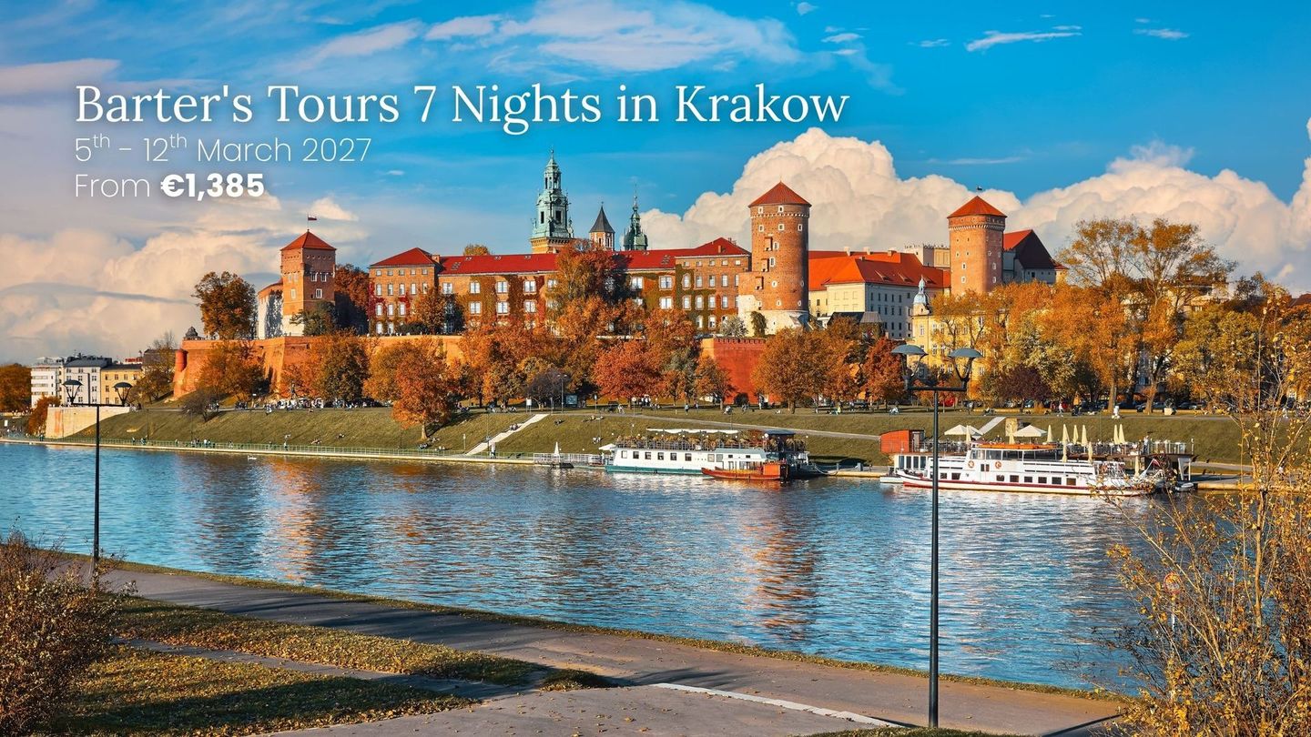 Krakow castle and riverfront in autumn, with tour text overlay advertising 7 nights in Krakow.