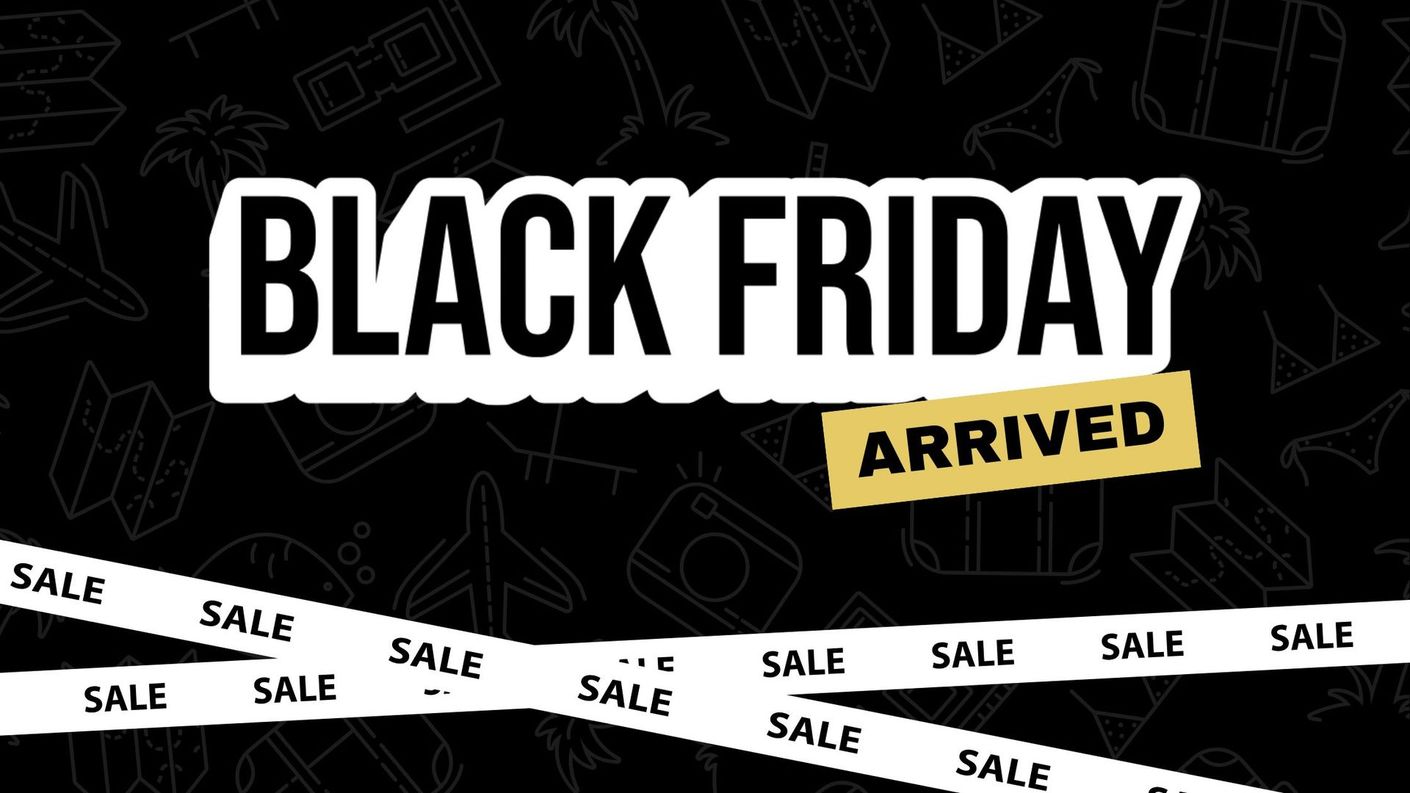 Black Friday sale banner with text and sale tape on a black background. 