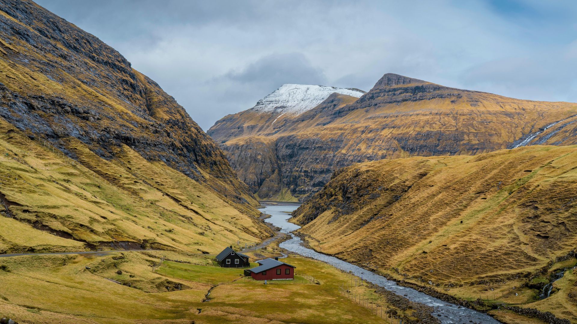 A river runs through a valley between two mountains.