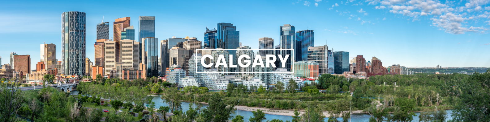 an aerial view of the city skyline of calgary with trees in the foreground . Barter'sTravelnet