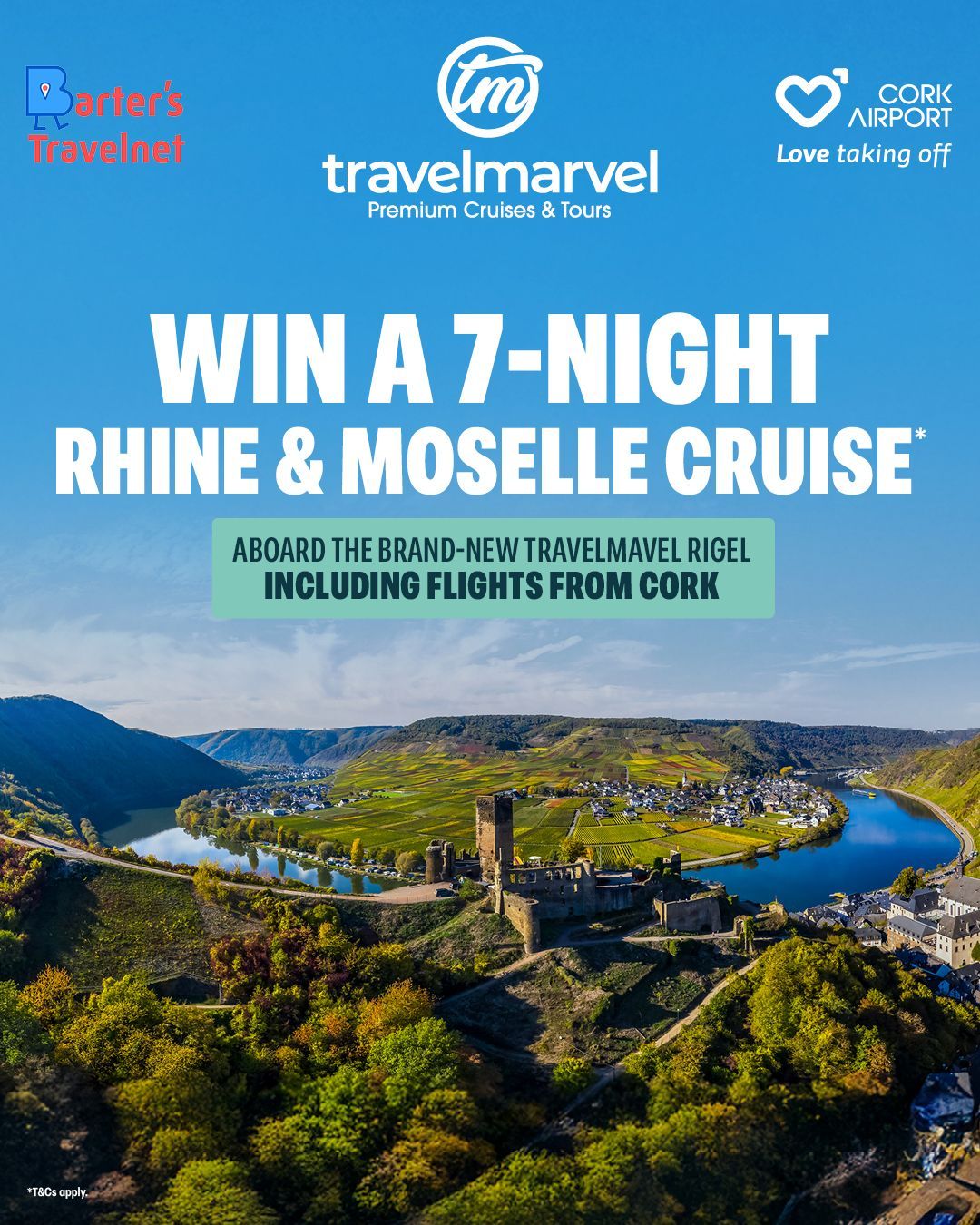 Win a 7-night Rhine and Moselle cruise, with scenic river valley and castle views.