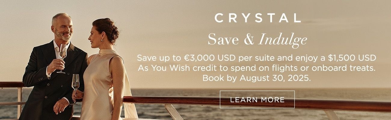 Advertisement for Crystal Cruise. Two people on the ships deck enjoying a glass of champagne.