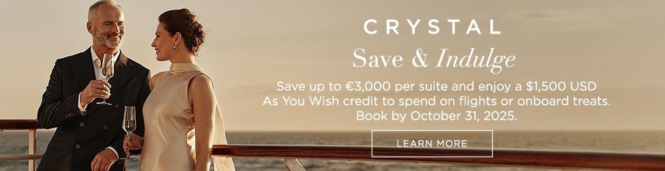 Advertisement for Crystal Cruise. Two people on the ships deck enjoying a glass of champagne.