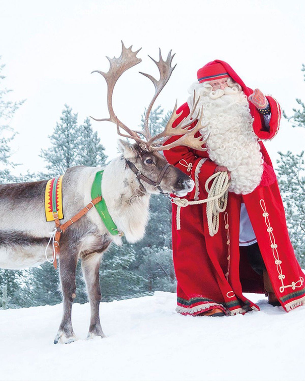 Santa claus is standing next to a reindeer in the snow.