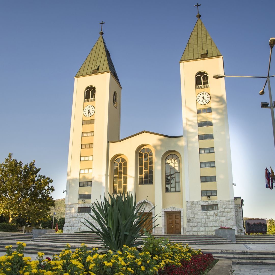 The Church in Medjugorje with a clock on the top of it