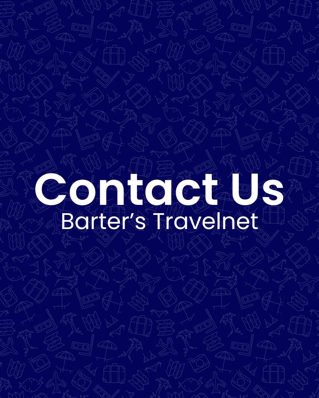 “Contact Us” text on a dark blue patterned background for Barter’s Travelnet