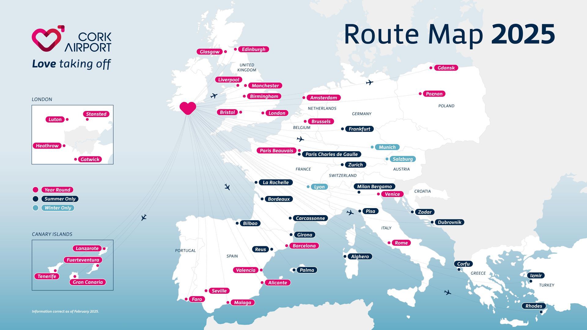 Cork Airport Love Taking Off Route Map 2024 - Holidays From Cork Barter's Travelnet
