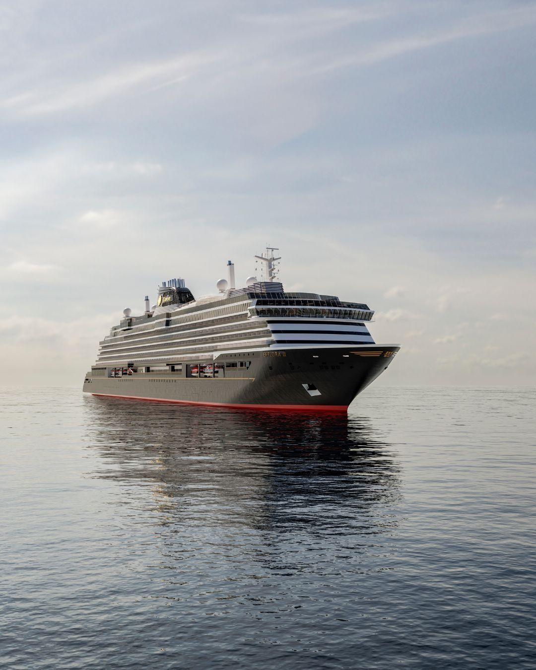 Large cruise ship Explora III floating on calm water under a cloudy sky