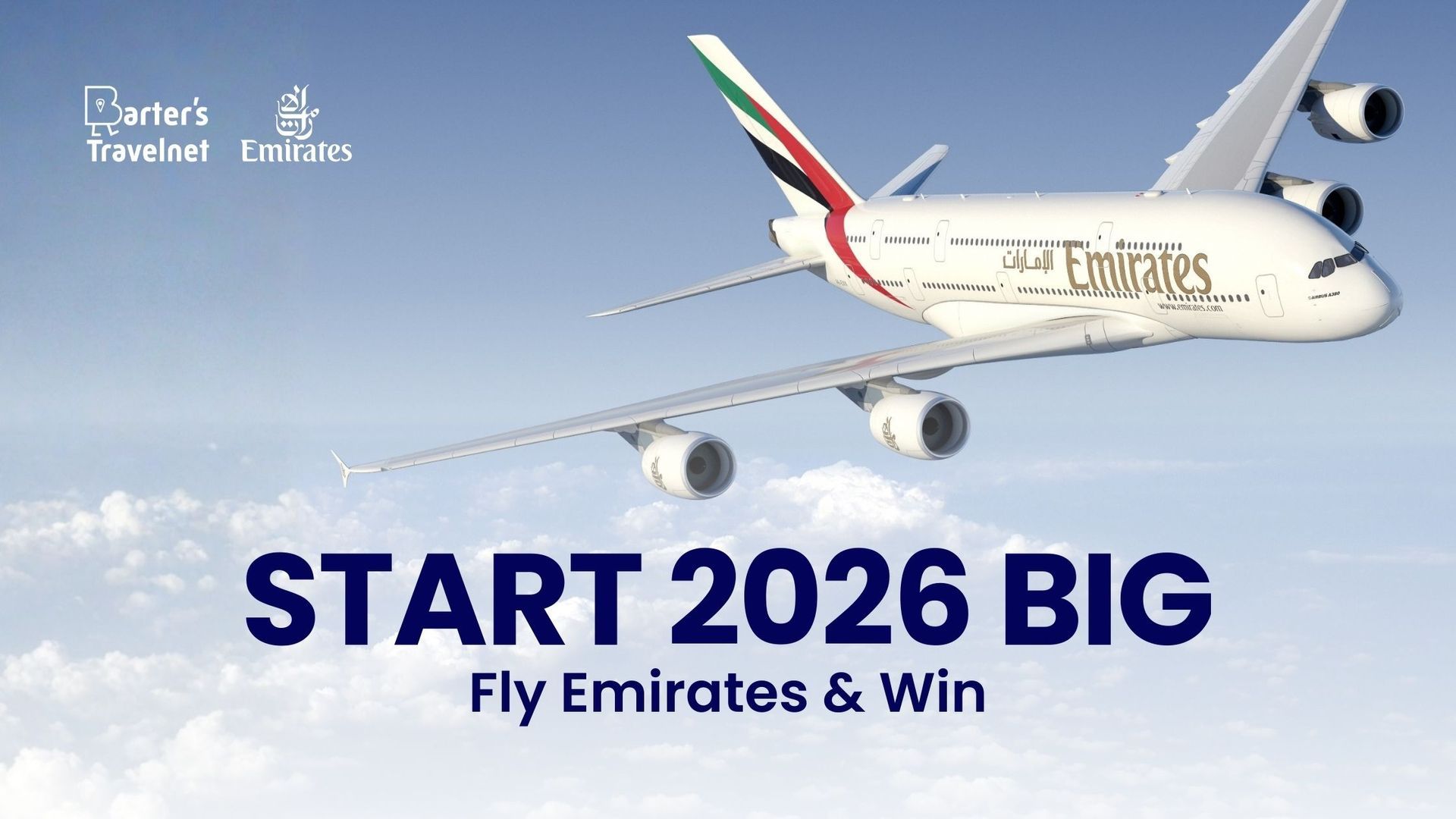 Emirates plane soaring in blue sky; text reads 