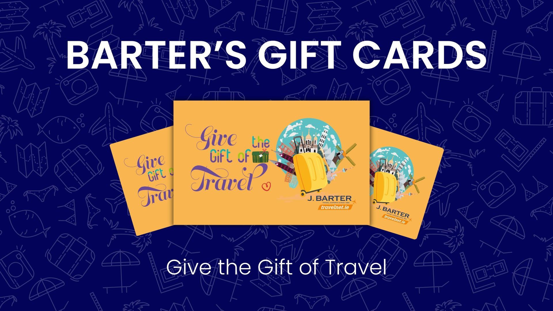 Barter's gift cards: Three yellow cards with travel theme on blue background, 