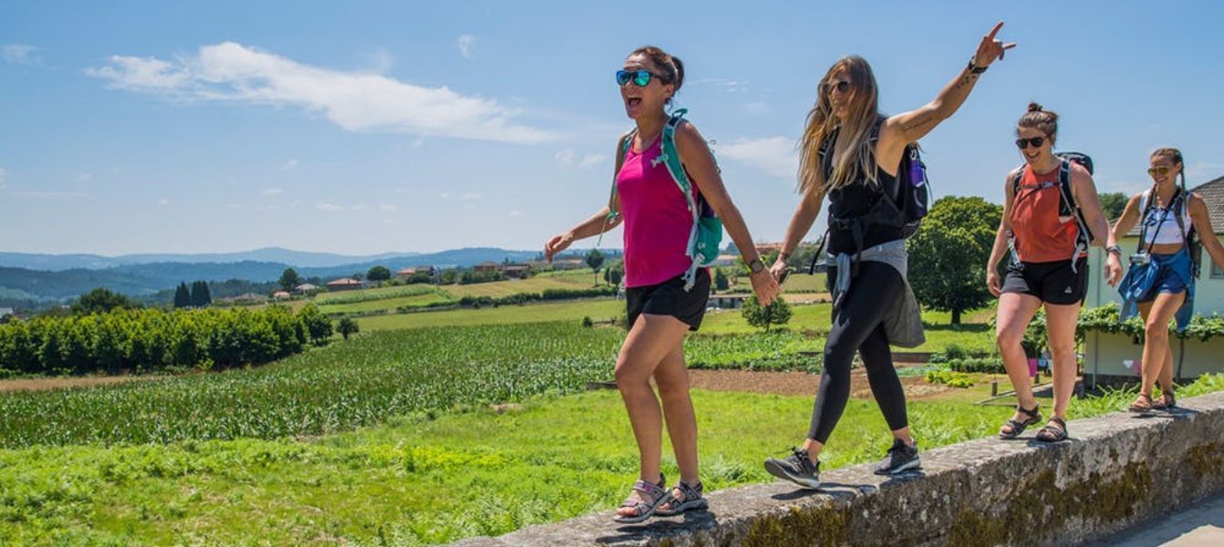 A group of women are walking across a stone wall in a field.