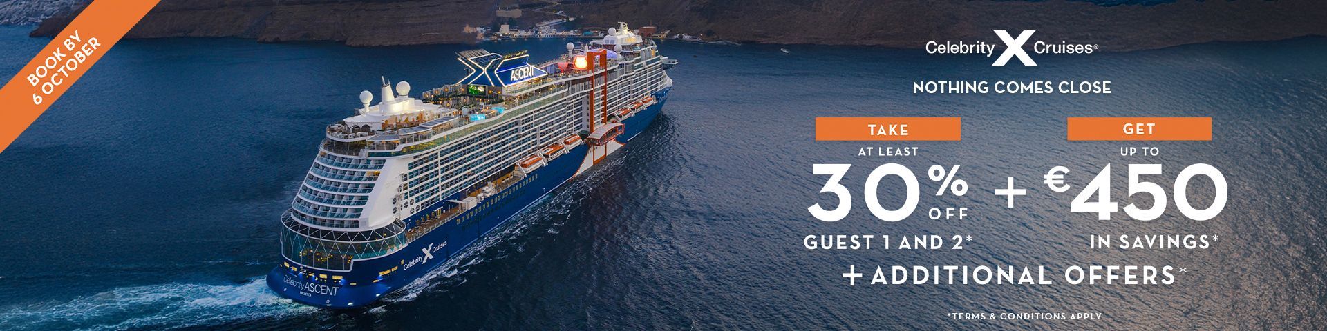 offer at least 30% off for guests 1 & 2 .
Guests can add Drinks & Wifi for €60pppd on European 2026 Sailings.
Plus Air savings of €450per cabin on Europe 2026 sailings.
OBC Assets to be used from 15th September to 22th September.