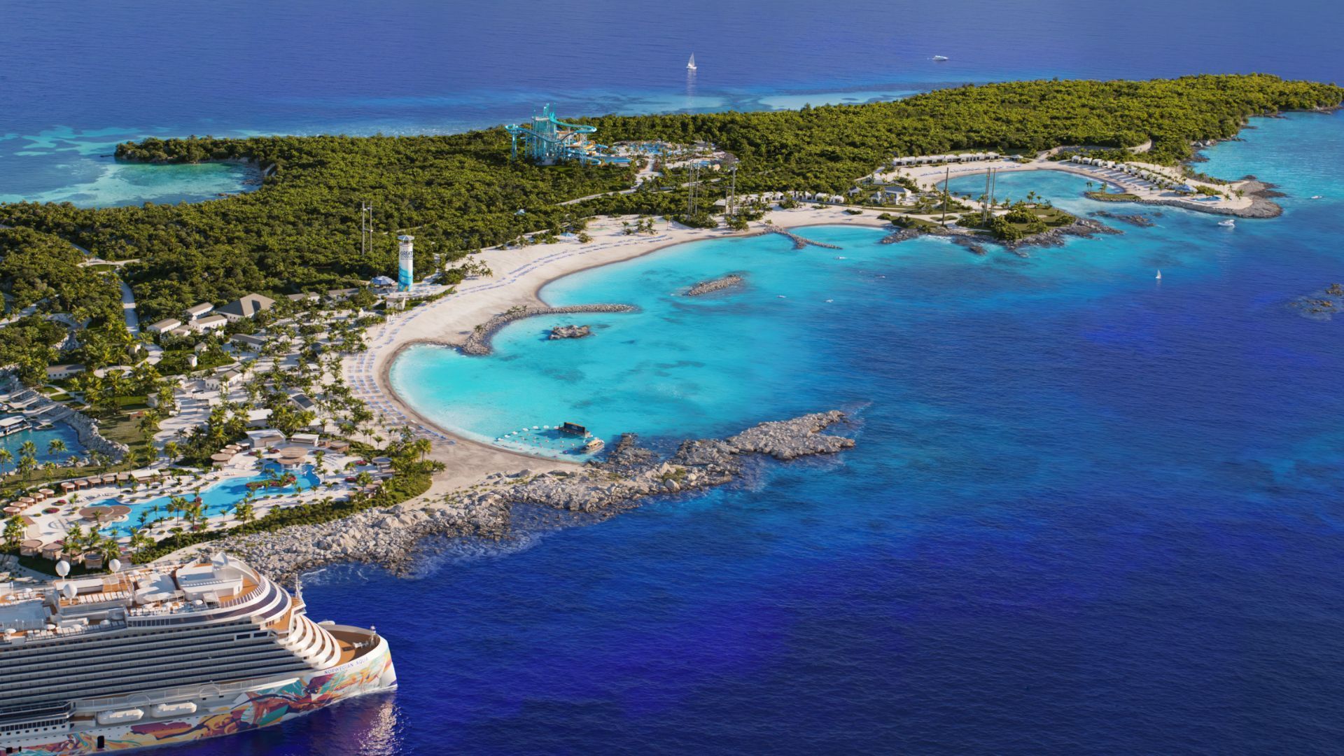 Tropical island with turquoise water, sandy beaches, lush trees, and a Norwegian Cruise Line cruise ship.