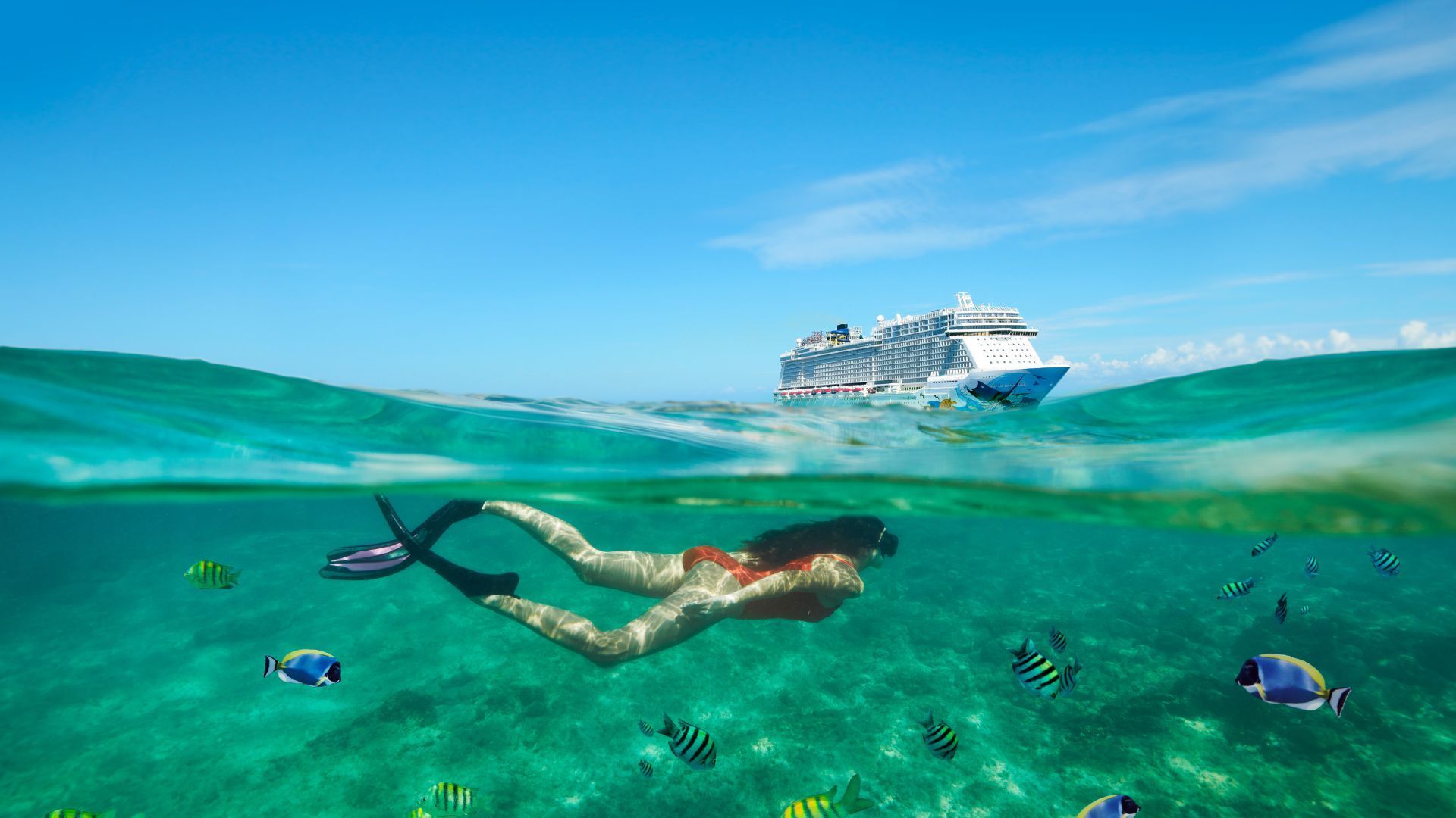 Woman snorkeling in turquoise water, a Norwegian Cruise ship in background. Tropical fish swim around her.