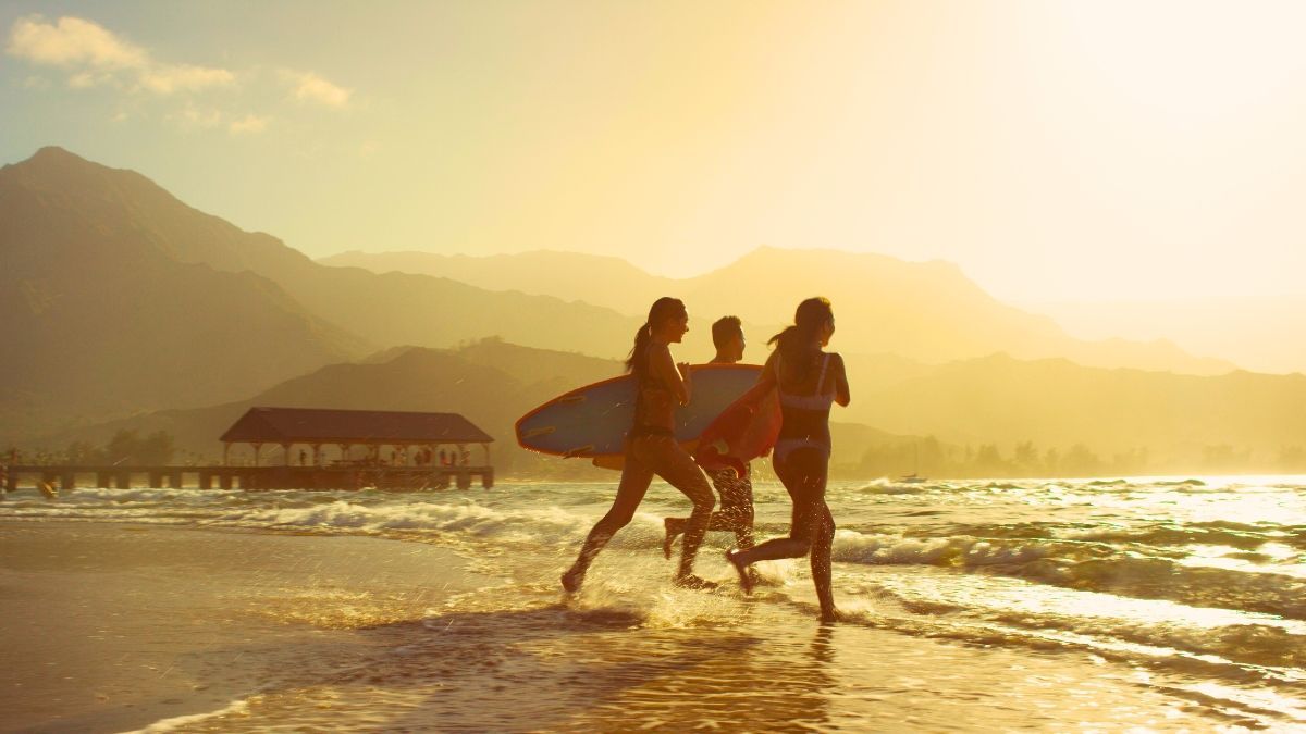 A group of people are walking on a hill overlooking the ocean at sunset.