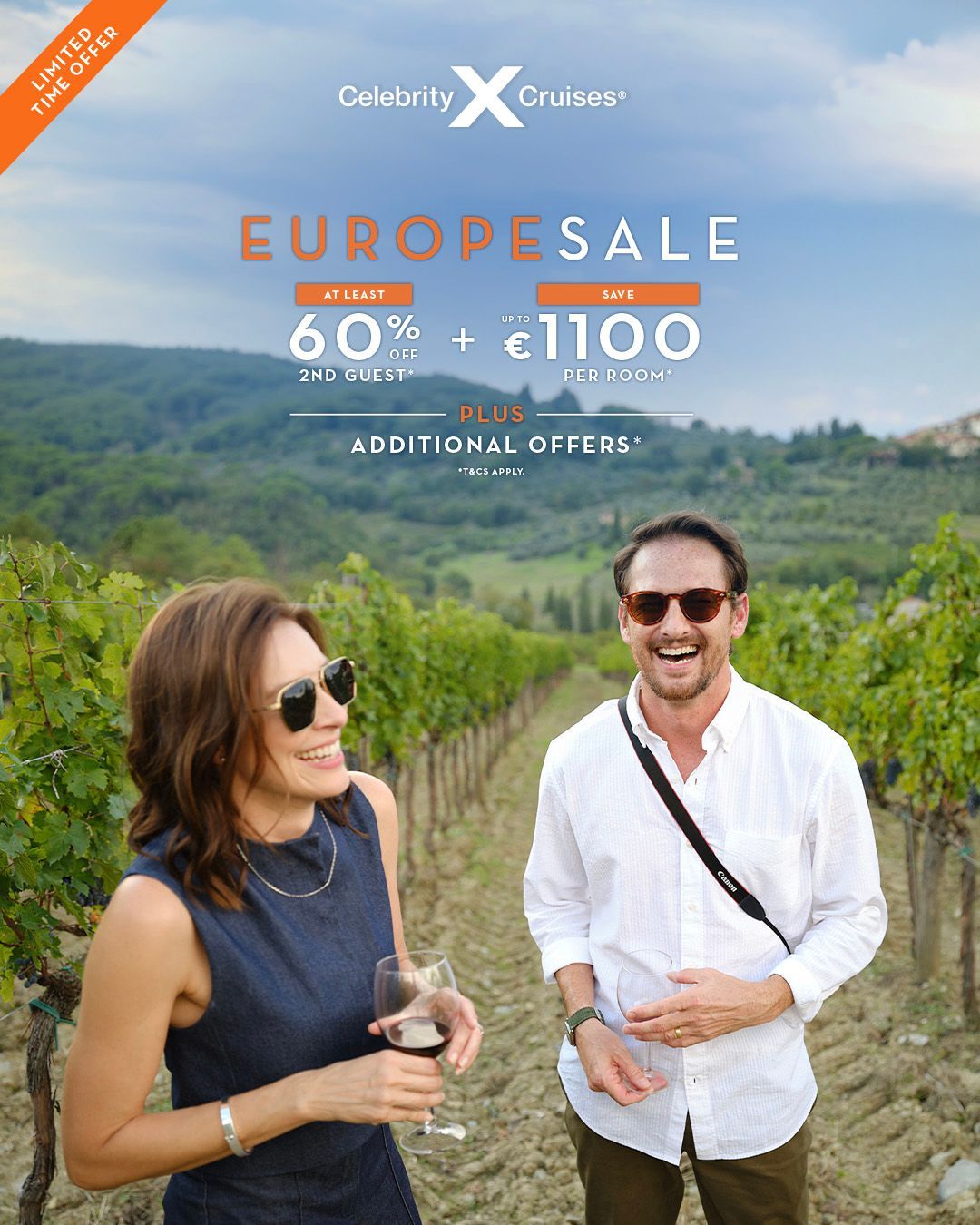 Celebrity Cruises ad with cruise ship in blue water, mountains behind, promoting Bank Holiday Sale discounts.