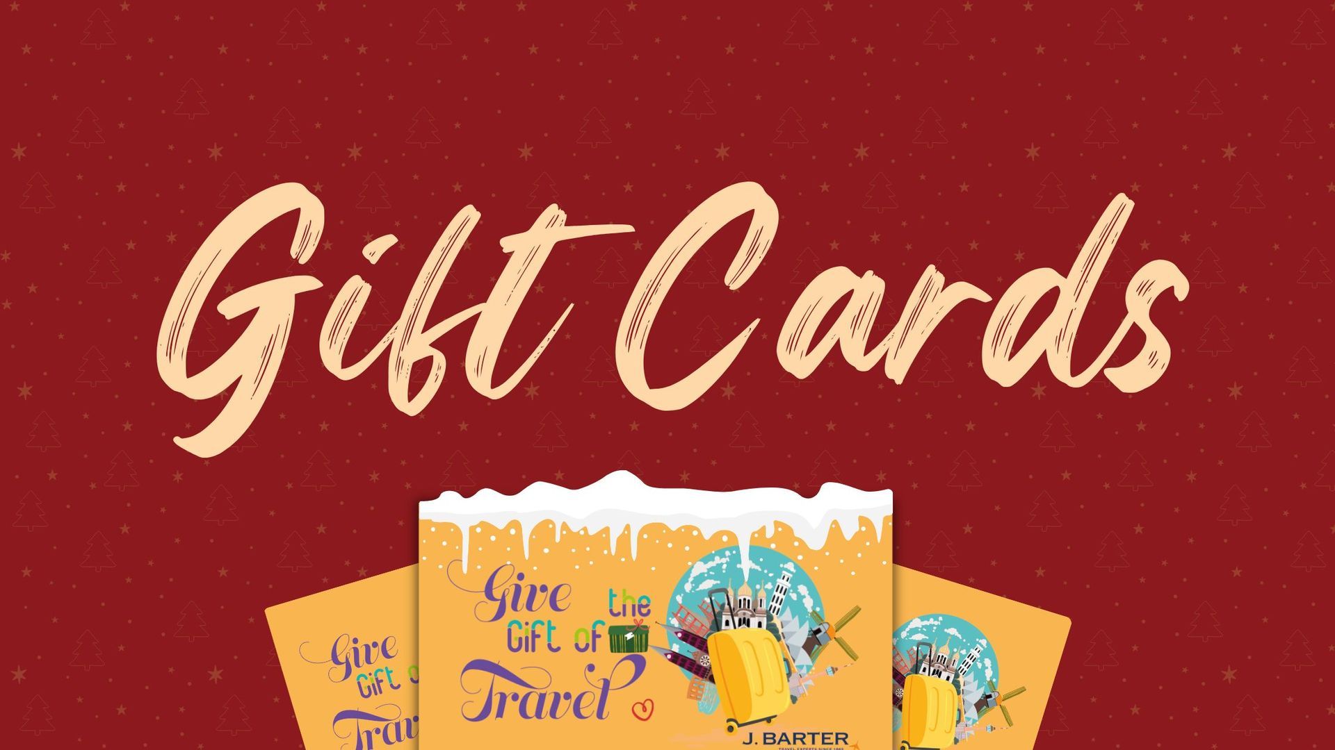 Gift Cards: text on a red background with cards beneath, snowy border.