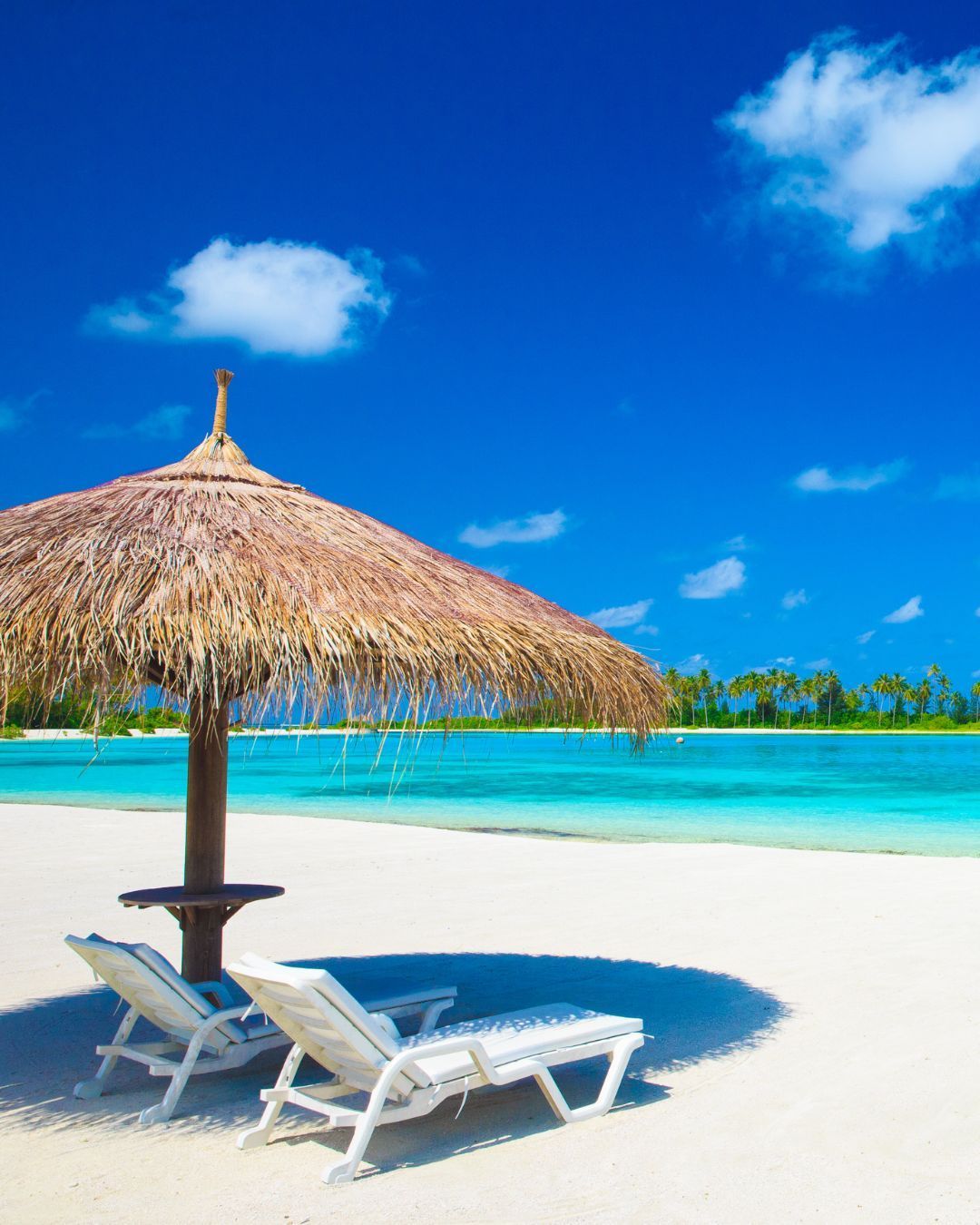 Beach chairs under a thatched umbrella on a white sand tropical beach with turquoise water and blue sky