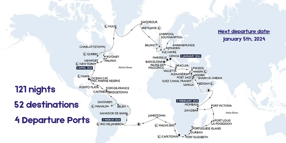 The Ultimate World Cruise Itinerary MSC Cruises Itinerary Map January 2024 - Blog Post Barters Travelnet