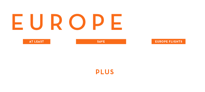 Orange “EUROPE” text with menu-like labels “AT LEAST,” “SAVE,” “EUROPE FUTURE,” and “PLUS” on a white background