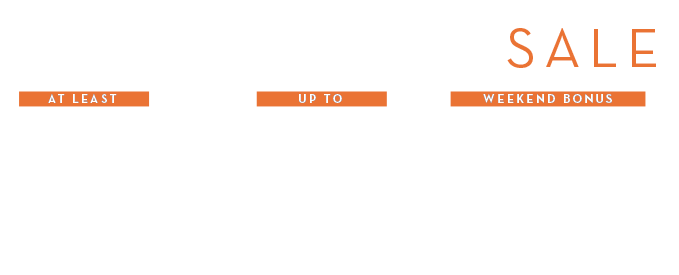 A sale graphic with three orange rectangular labels: 