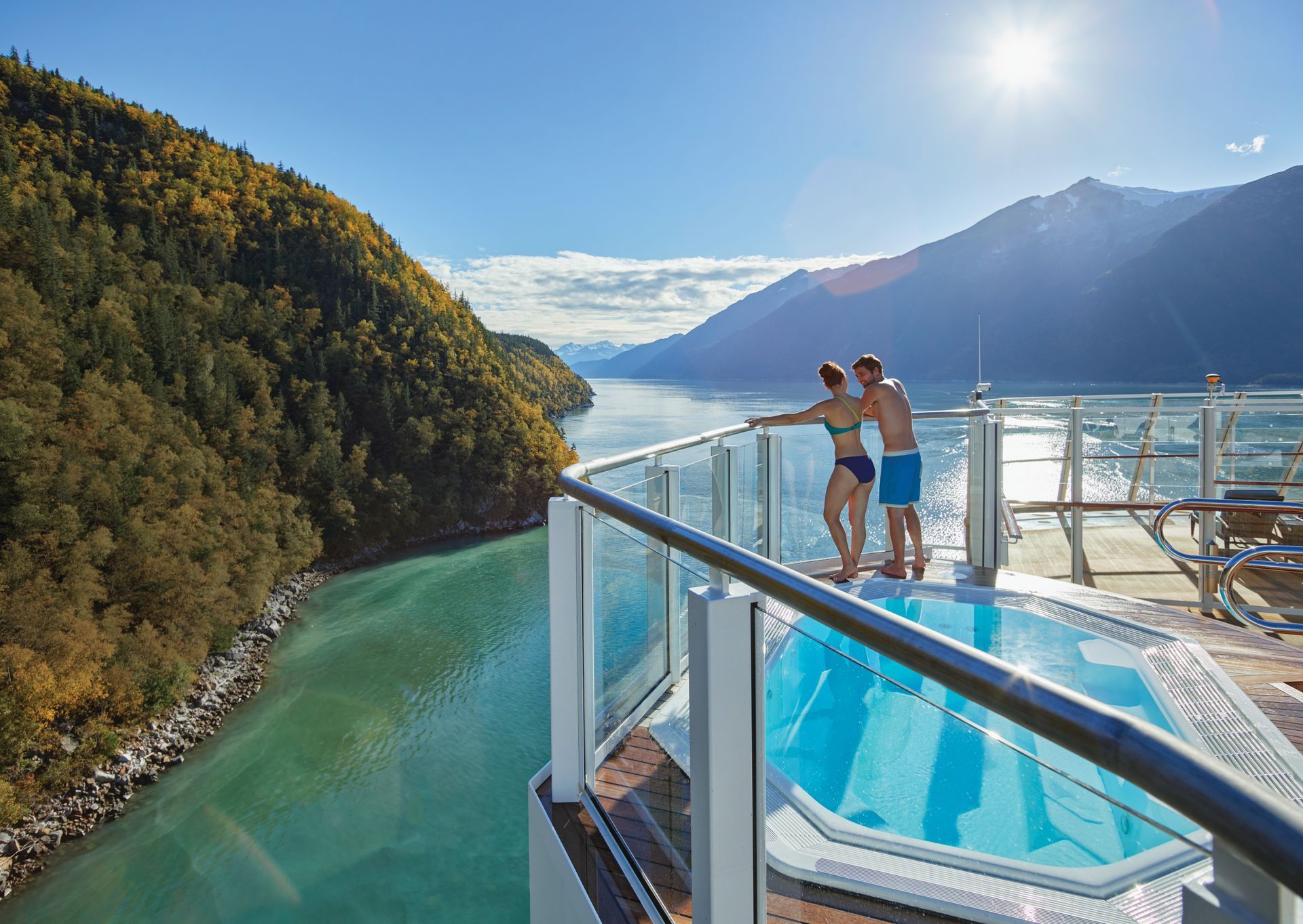 Couple at Norwegian Bliss Cruise, Hottub Landscape - Norwegian Cruise Lines Holidays Barter's Travelnet
