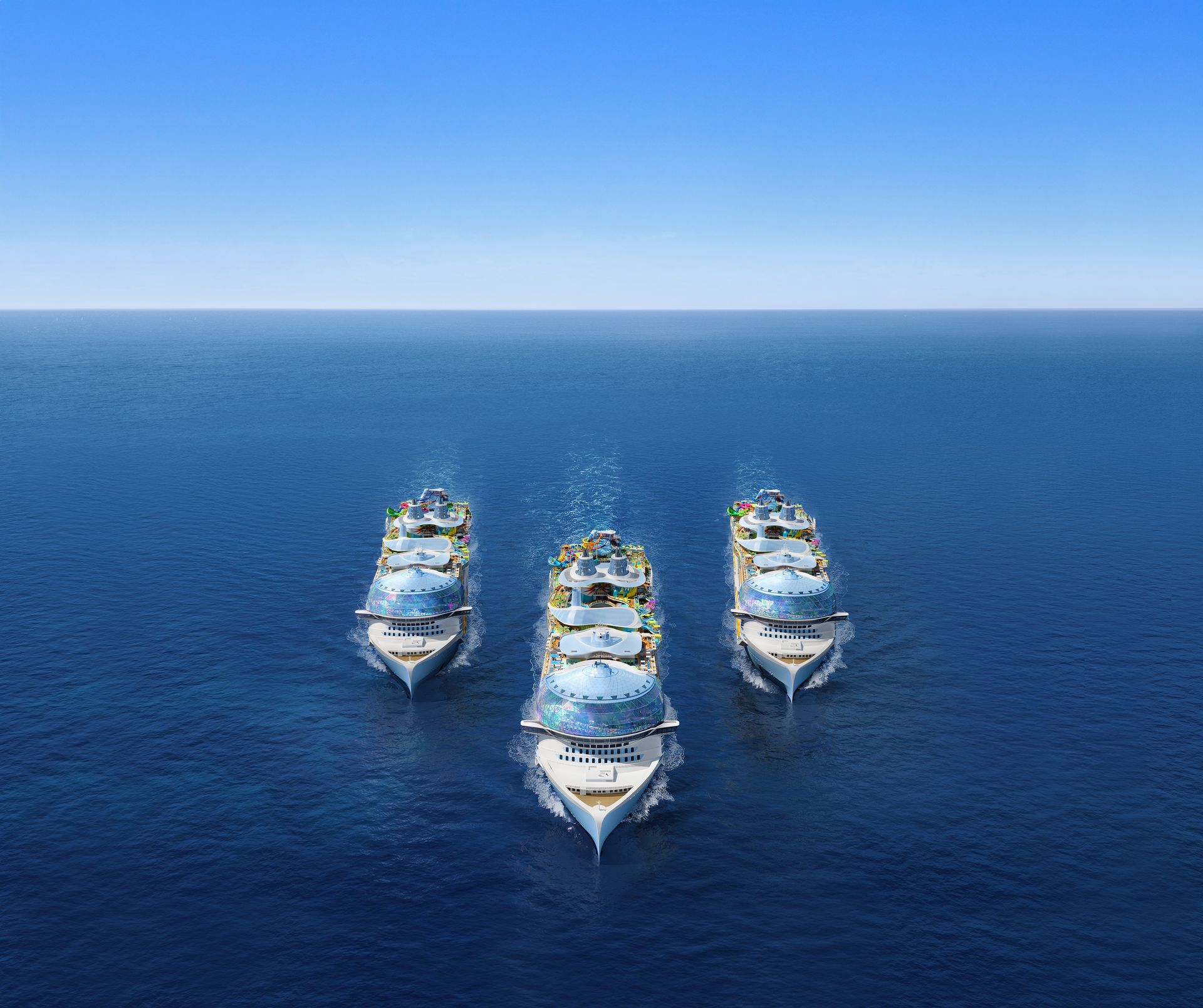 3 Royal Caribbean ships from the Icon class are sailing in the ocean 