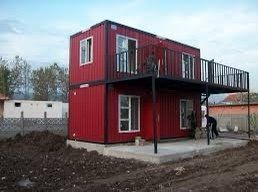 two story red shipping container home