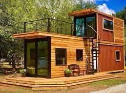 wood and red shipping container home