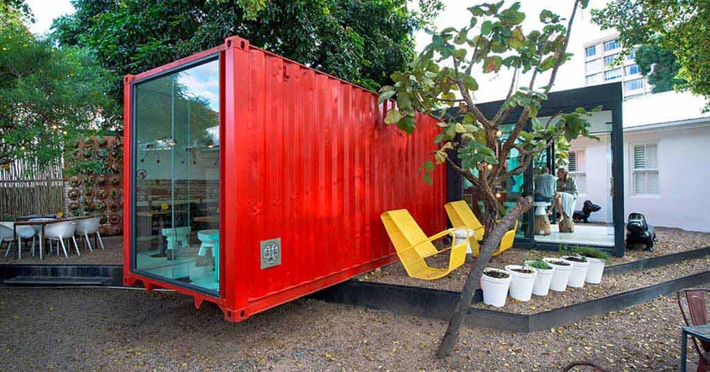 bright red shipping container cabin